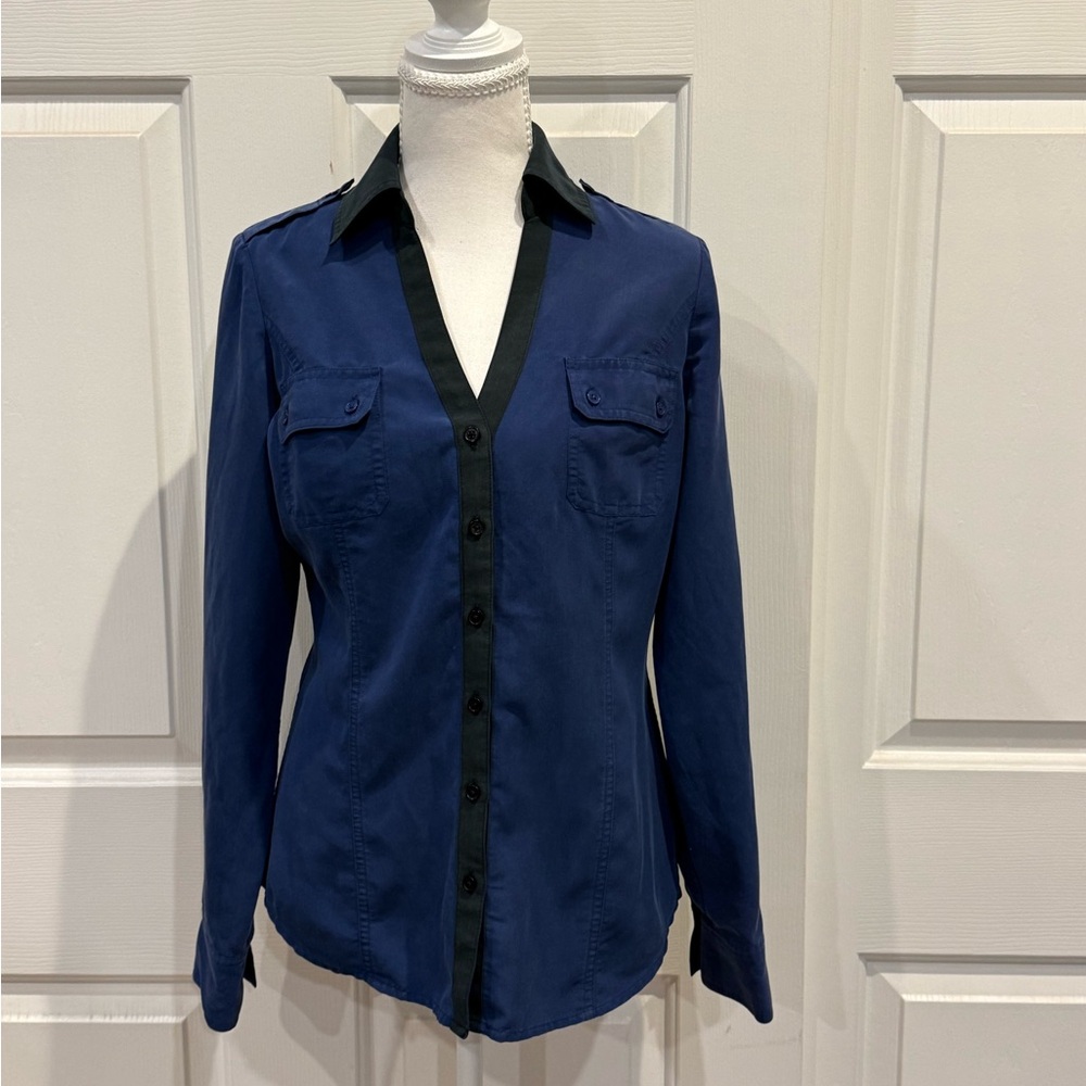 EXPRESS Navy Button Down Blouse Black Trim Stretch Shirt Size S - Picture 6 of 6